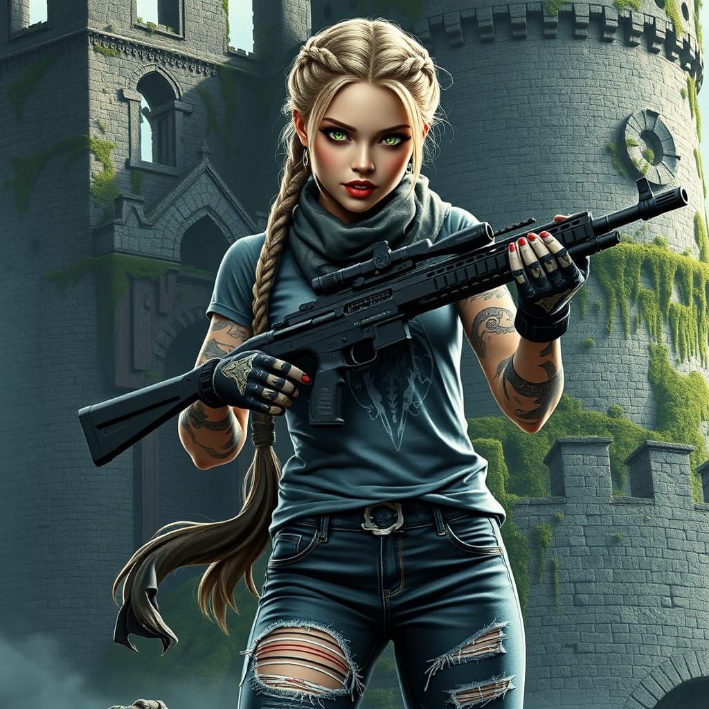 Cyberpunk Android Renegade Exudes Confidence on Castle Wall