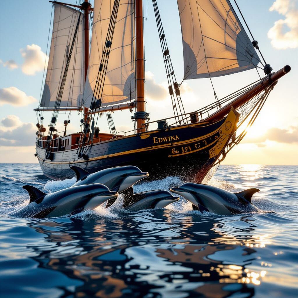Dolphins Swim Near 1812 Sailboat in Golden Hour Light