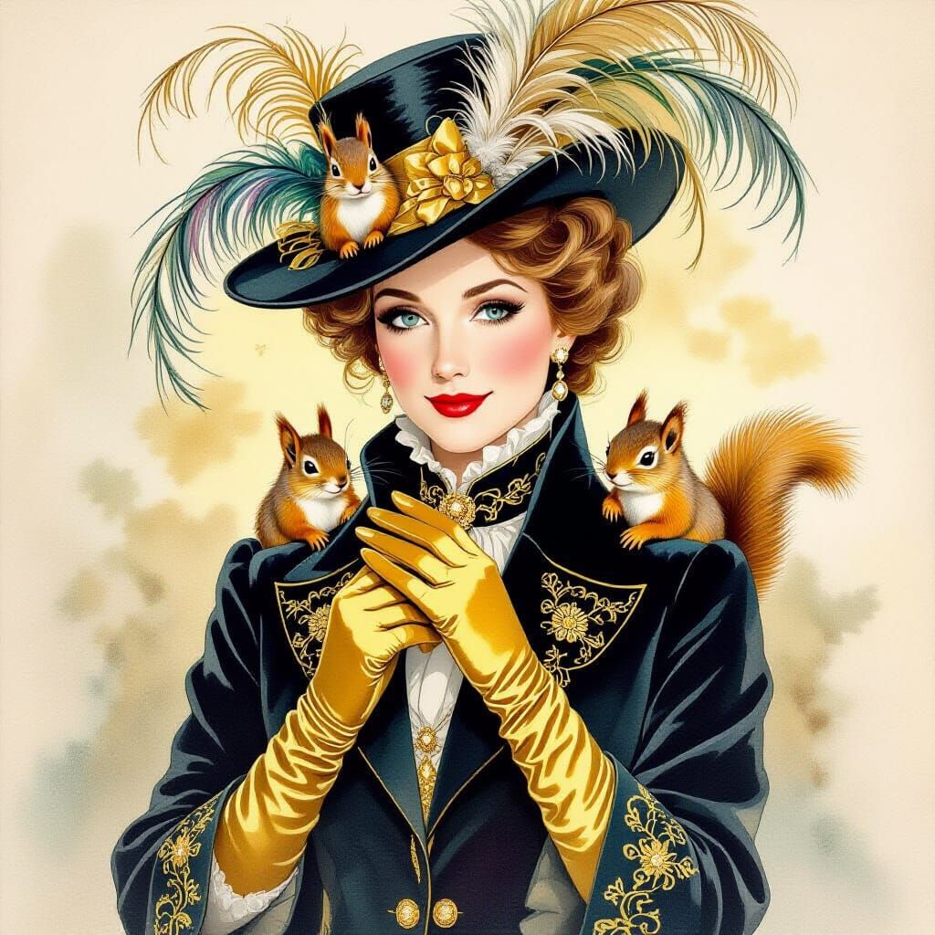 Elegant Lady Hiding Squirrels in Watercolor Style