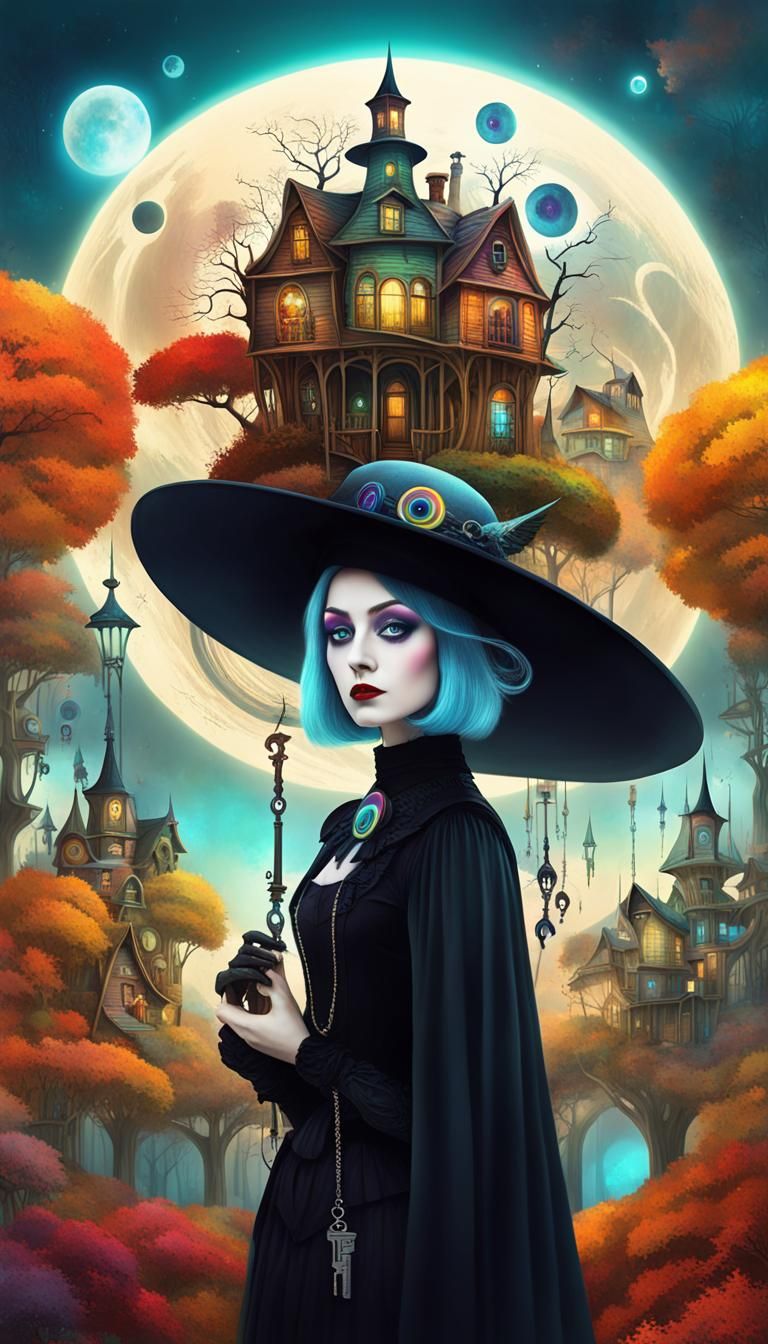 Neo-Victorian Woman in Autumn Treehouse City