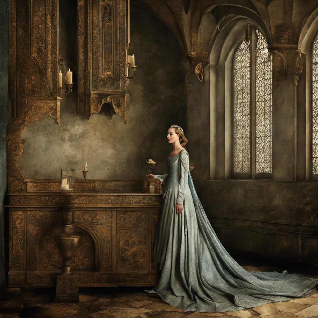 Medieval Princess in Castle Room, Surreal Digital Art