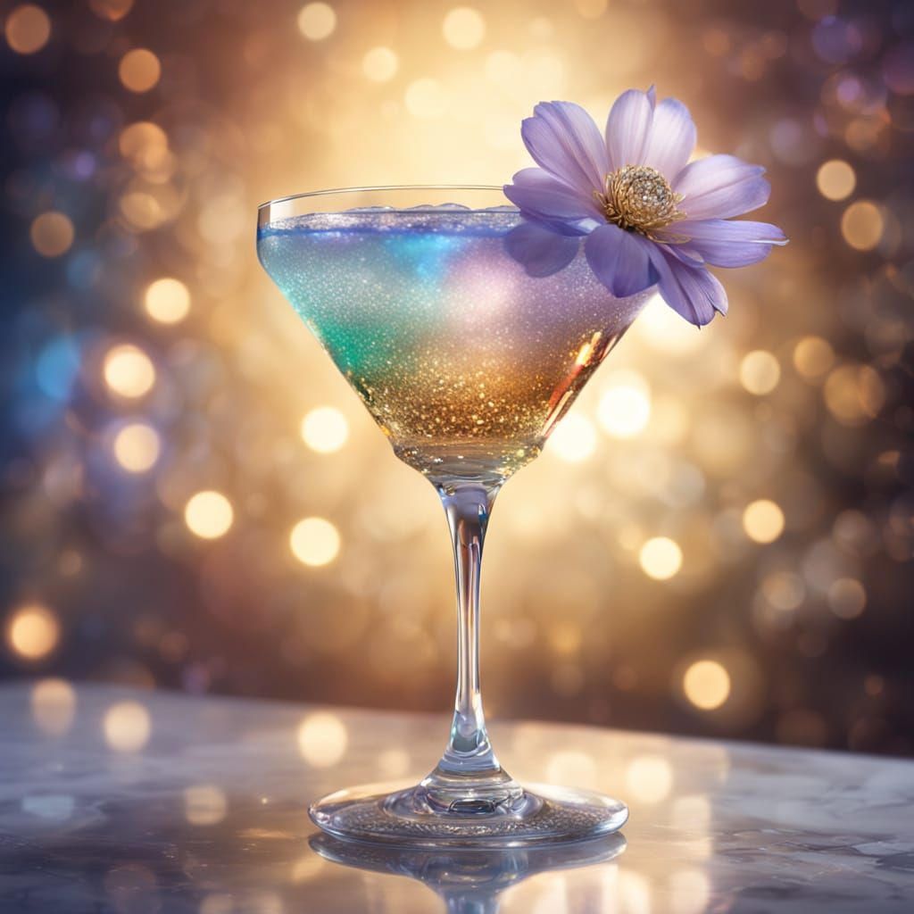 Close-up of an elegant crystal cocktail glass filled with a glowing iridescent drink, surrounded by mist and sparkles, g...