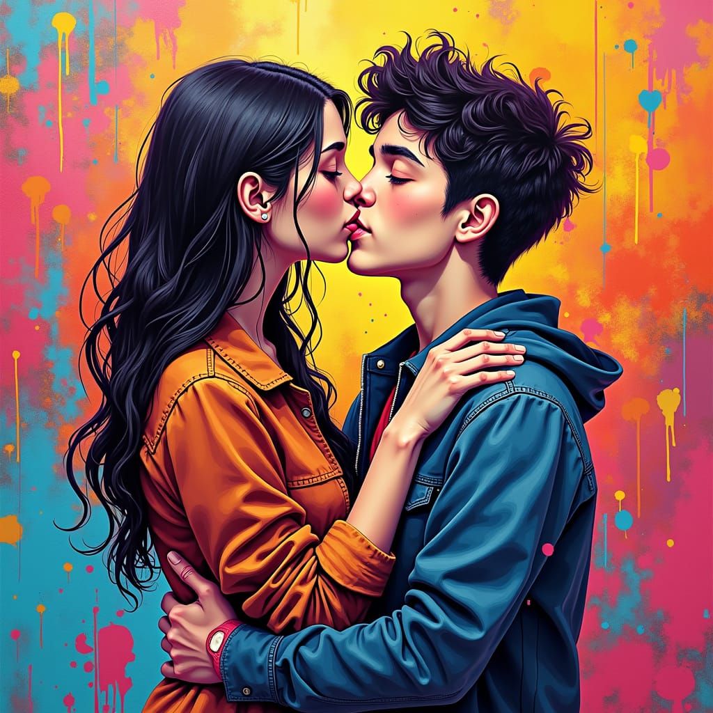 Couple Embracing in Vibrant Street Art Style