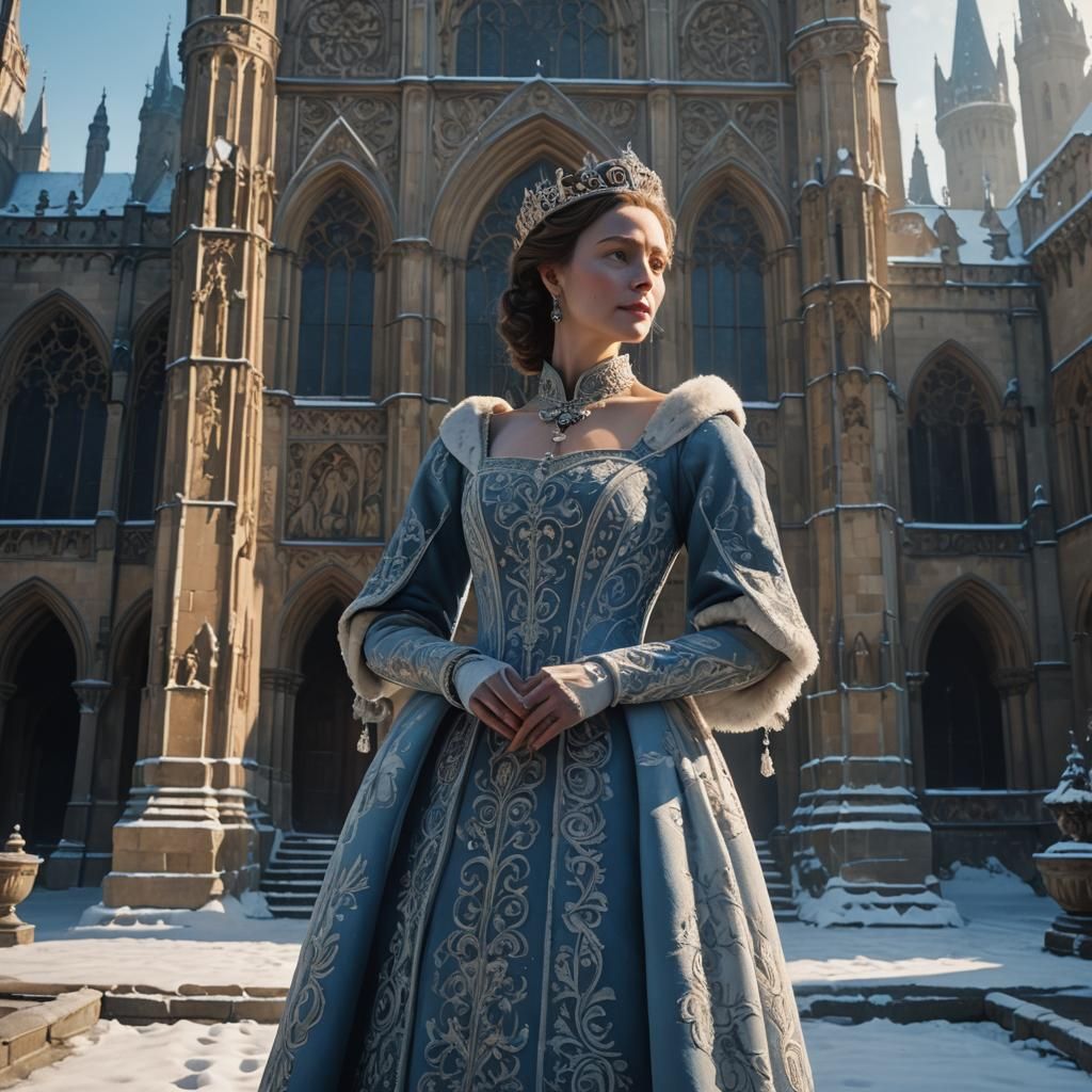 Regal Queen in Gothic Courtyard: Cinematic Concept Art