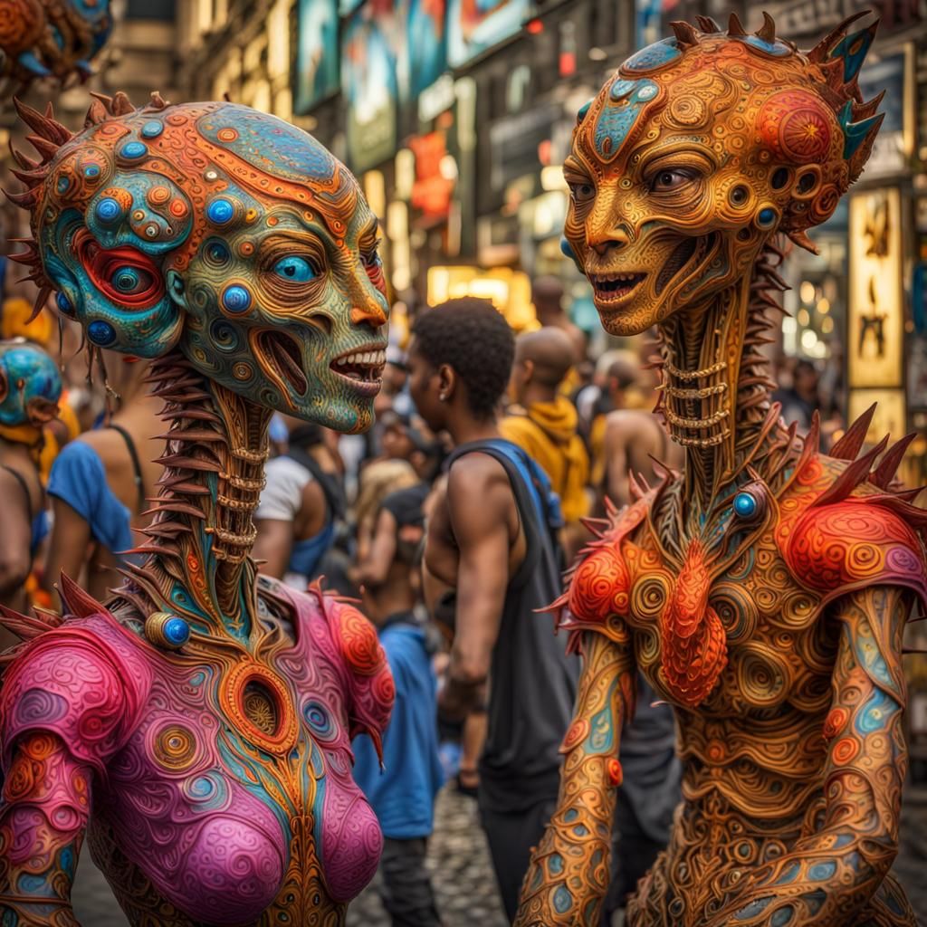 Diverse Alien Society in Bizarre, Hyperrealistic Style