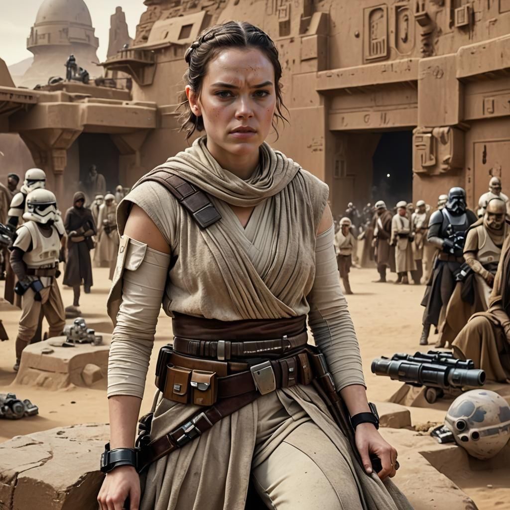 Rey Skywalker on Tatooine in Cinematic Style