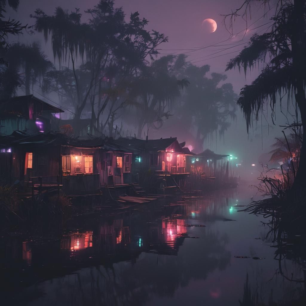 Neon Retro Swamp Village in Synthwave Style