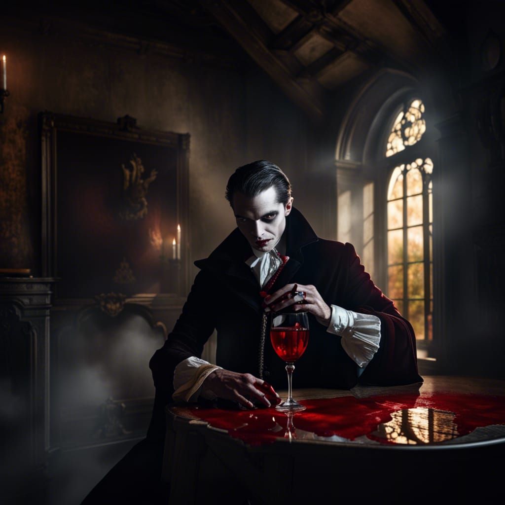 Mysterious Vampire in Dark Manor Drinking Blood