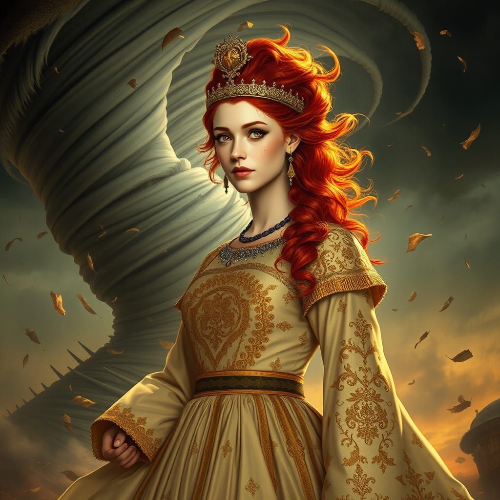 Regal Woman in 1150s Fashion Amidst Tornado