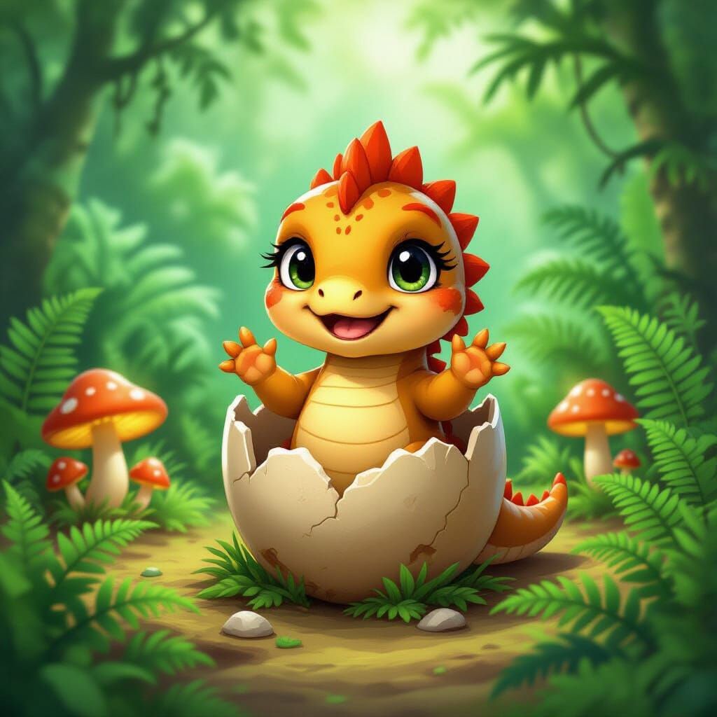 Baby Dinosaur Hatching in Glowing Jungle, Animated Style