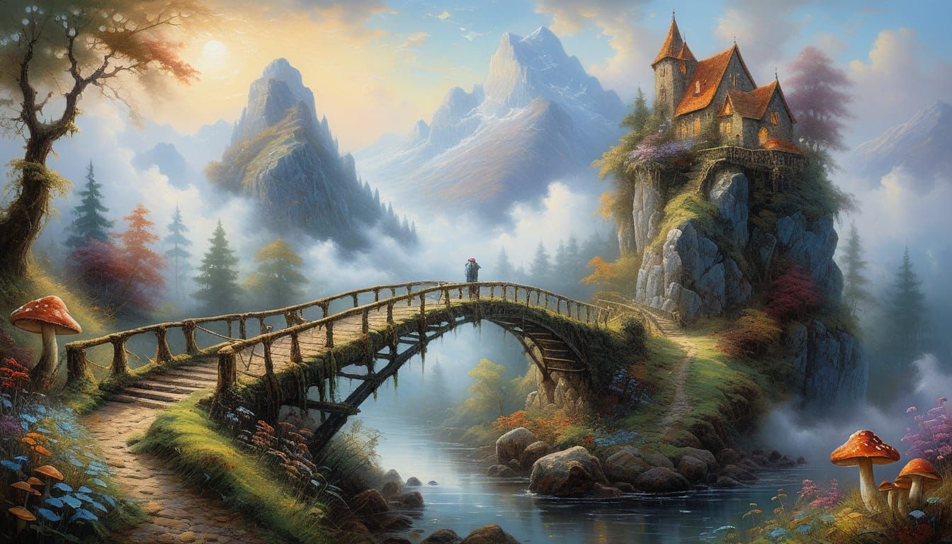 Ethereal Landscape with Rope Bridge and Majestic Mushrooms i...