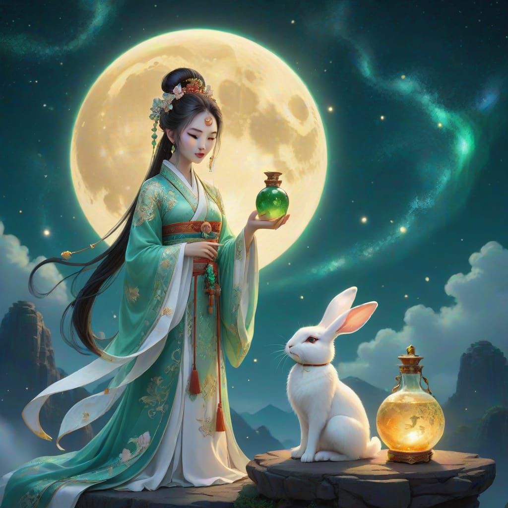 Chang'e with Jade Rabbit Under Celestial Moon