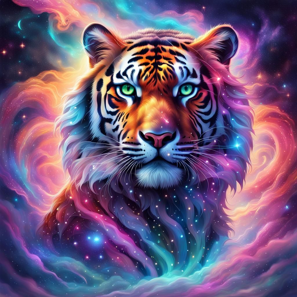 Cloudy Tiger in Astral Cosmic Illustration