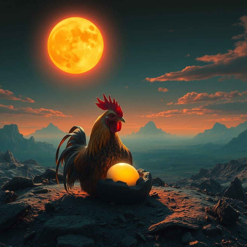Rooster Lays Egg Under Futuristic Sun