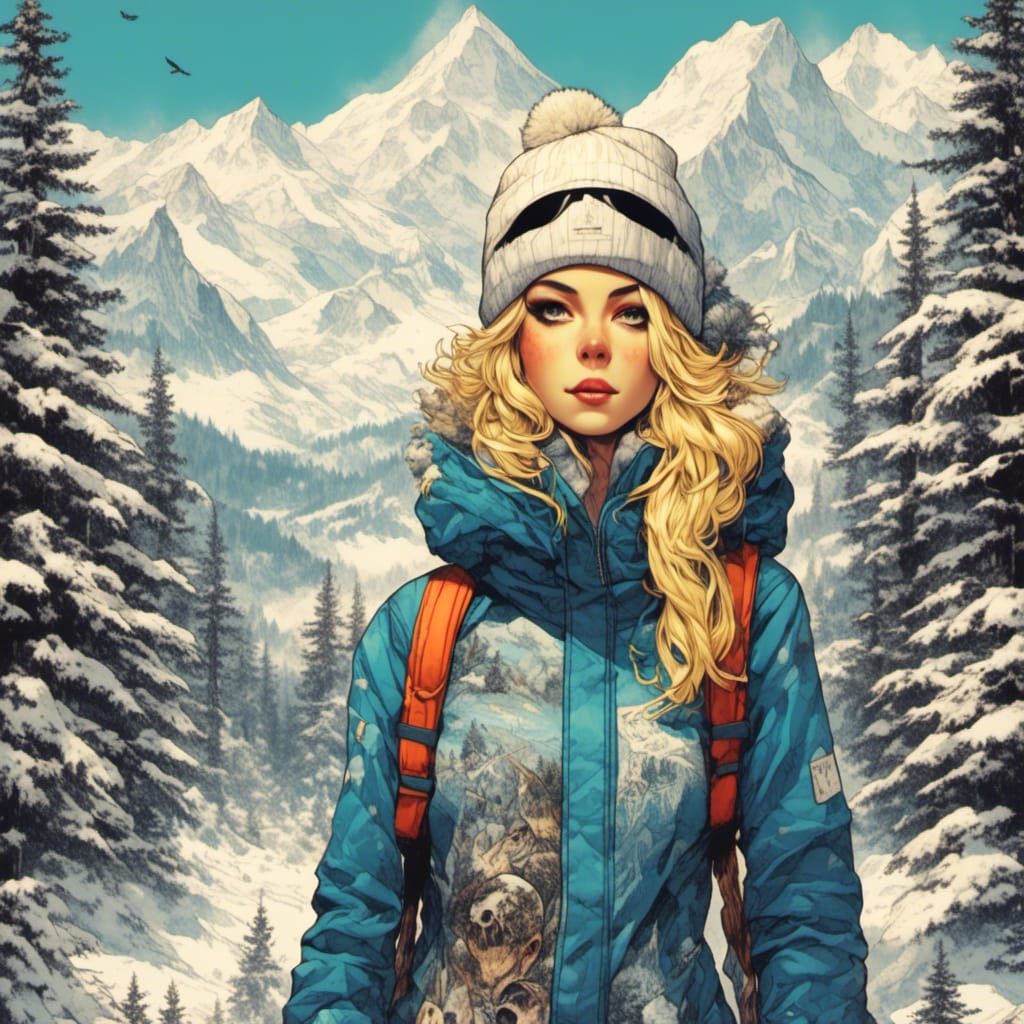 Cartoon Skeleton Woman in Snowboarding Scene