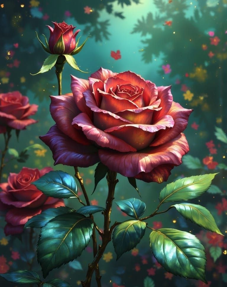 Vibrant Red Roses in an Iridescent Watercolor Dreamscape