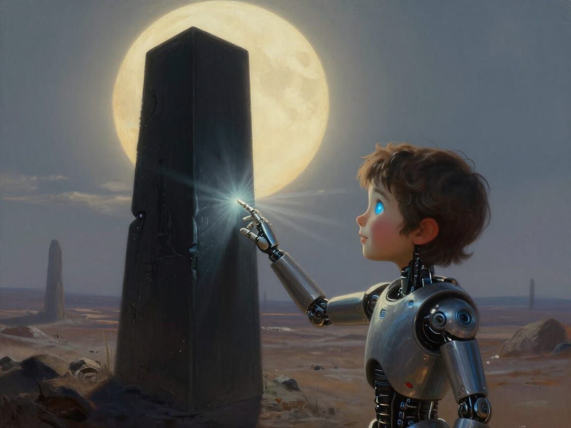 Cyborg Child Touches Mysterious Monolith in Alien Landscape