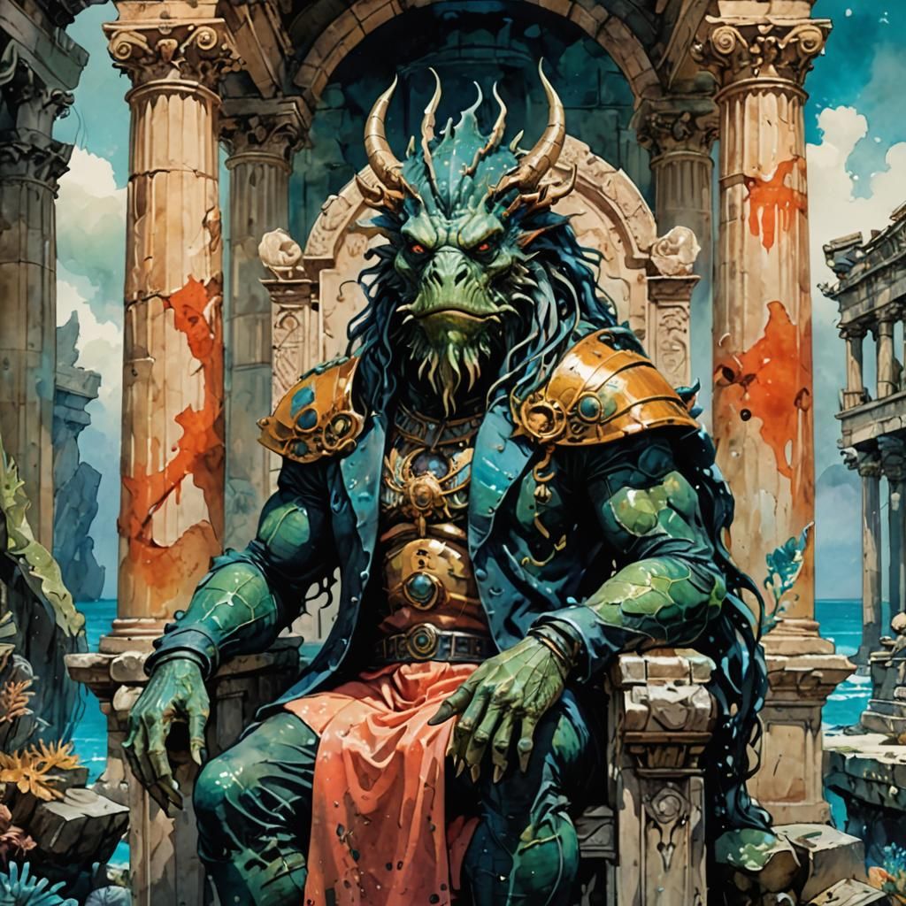 Aquatic Monster King on Coral Reef Throne