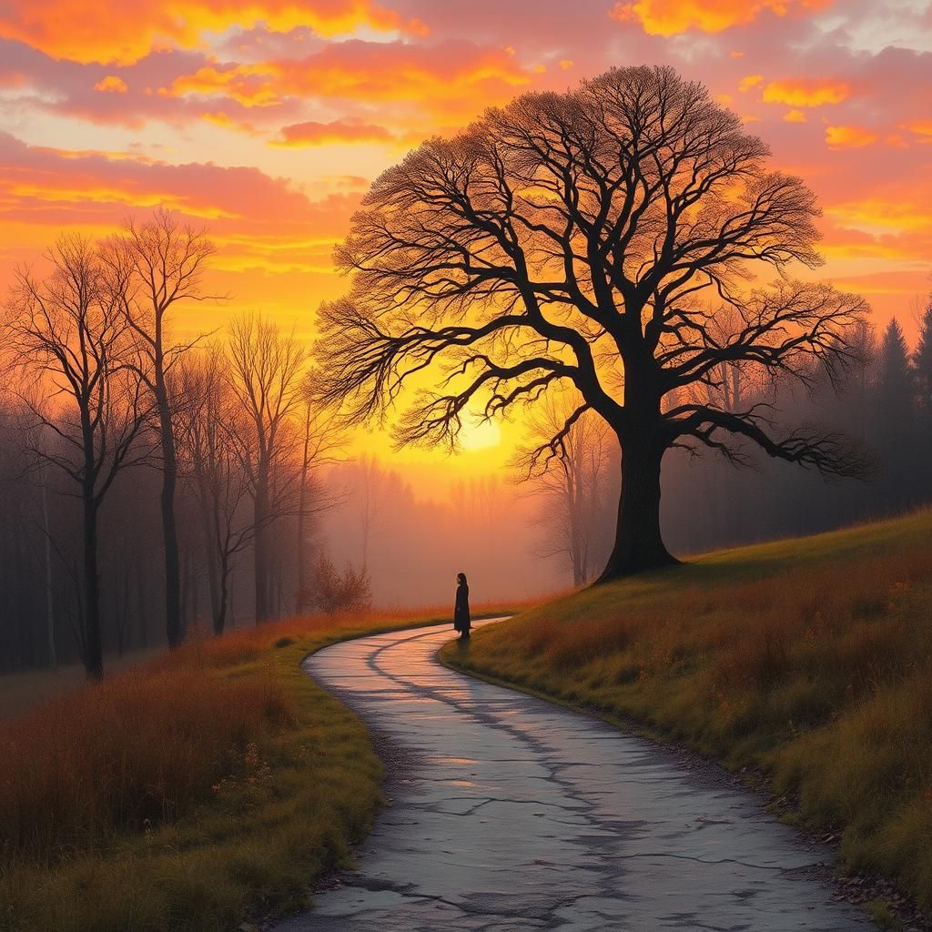 Sunset Path Through Forest in Velvet Painting Style