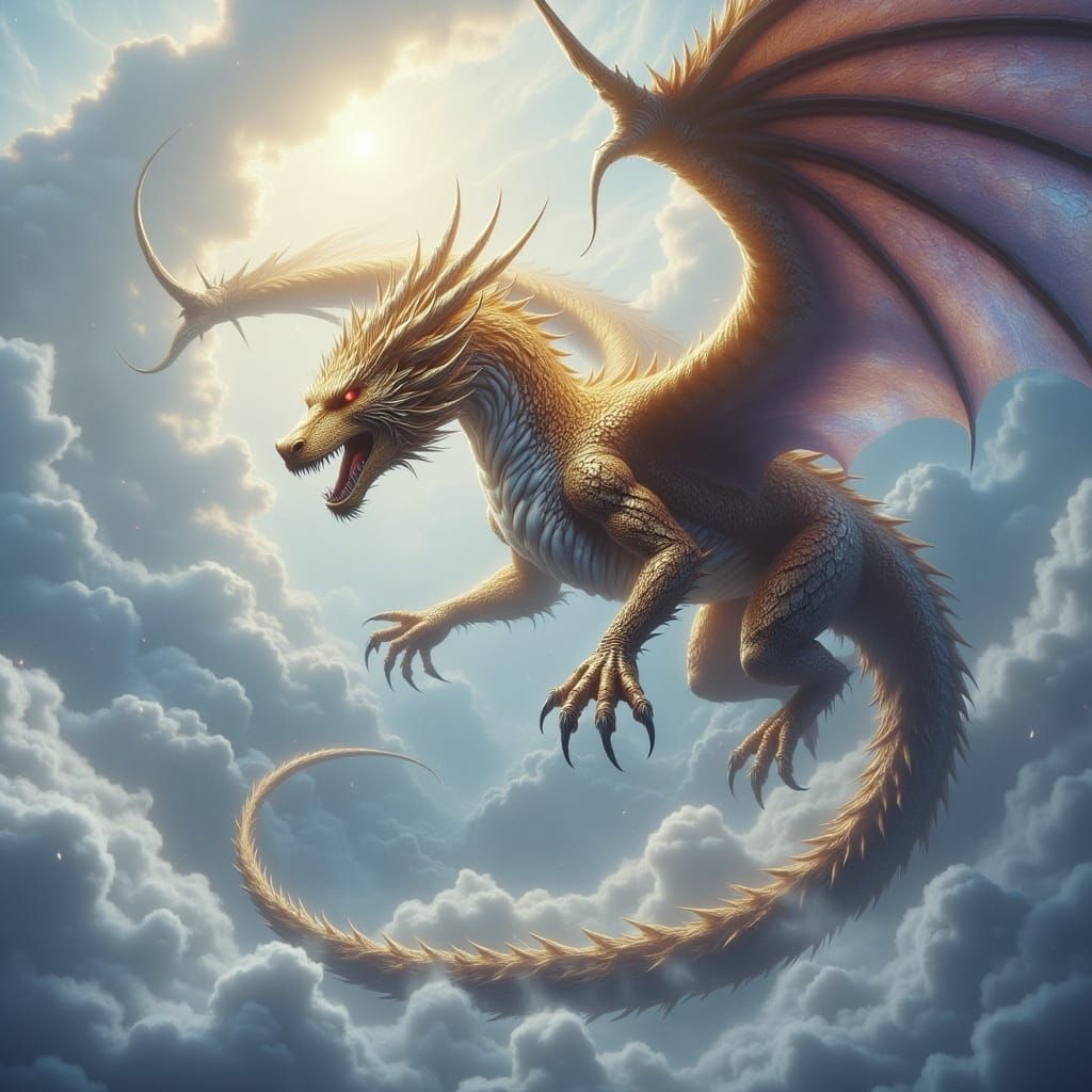Golden Dragon Soars Through Ethereal Clouds in Futuristic Re...