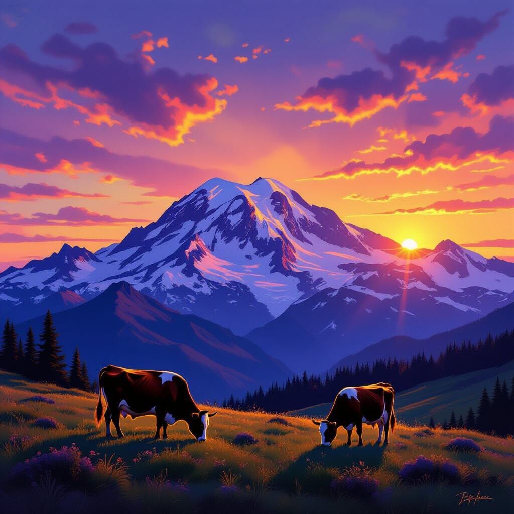 Mount Rainier at Sunset Over Meadow with Cow