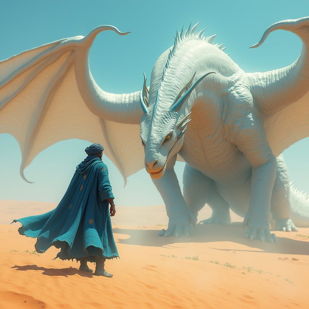Tuareg Warrior Faces Majestic Desert Dragon in Hyper-Detaile...