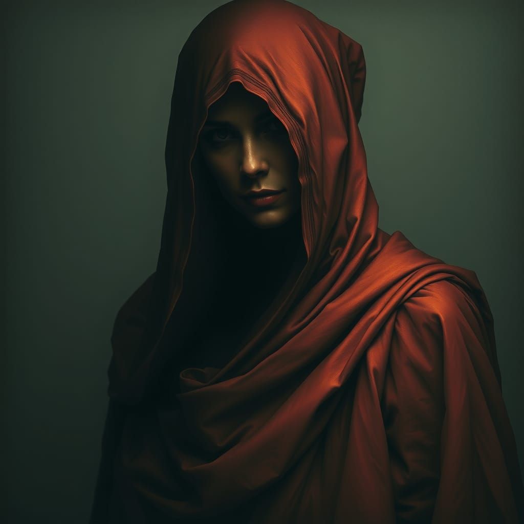 Mysterious Figure in Red Fabric, Haunting Realism