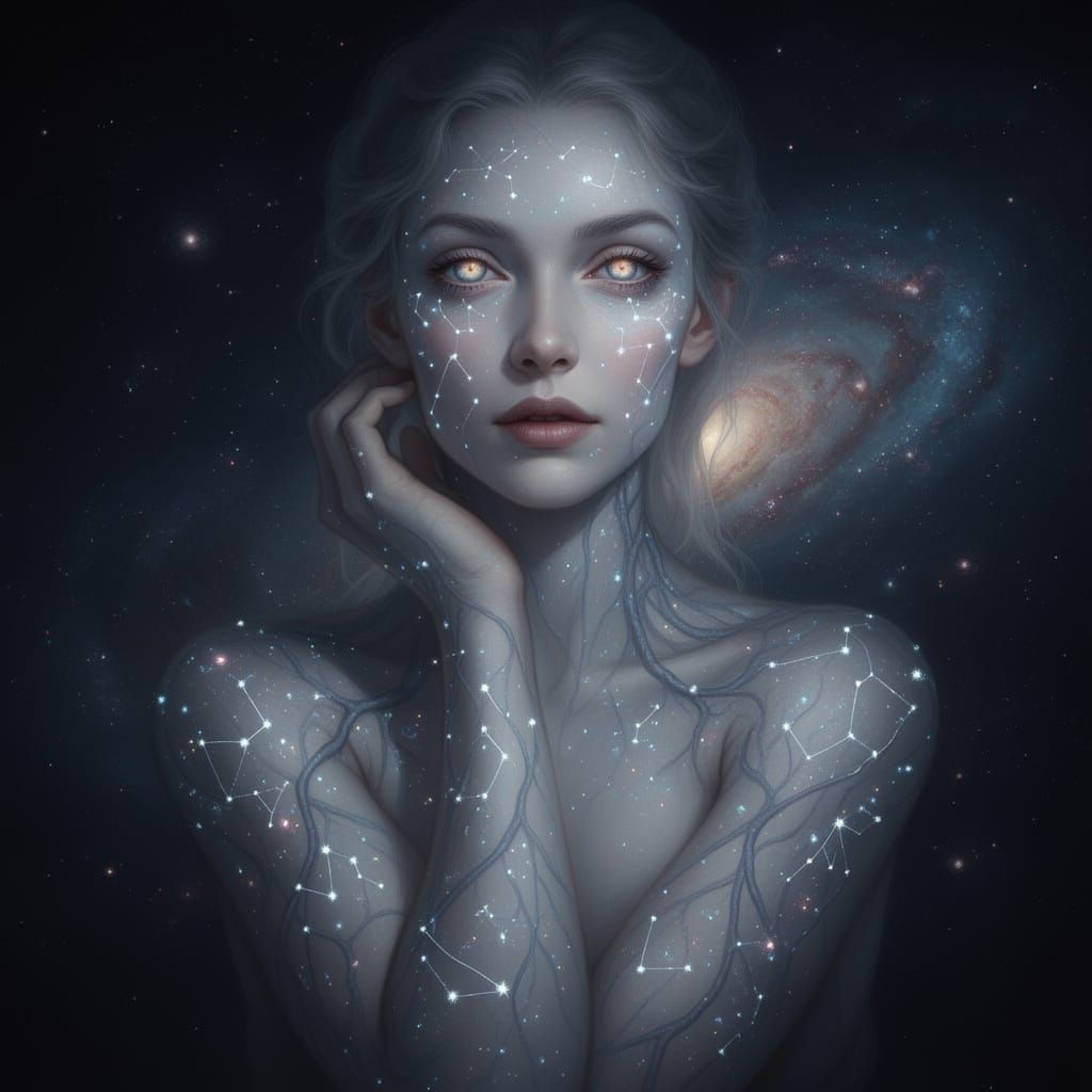 Celestial Woman with Cosmic Veins and Galaxy Eyes