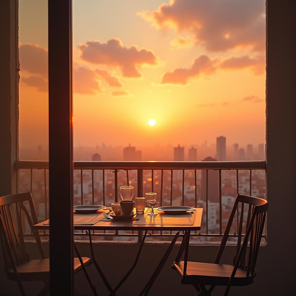 Dusk Cityscape View from Balcony in Impressionist Style