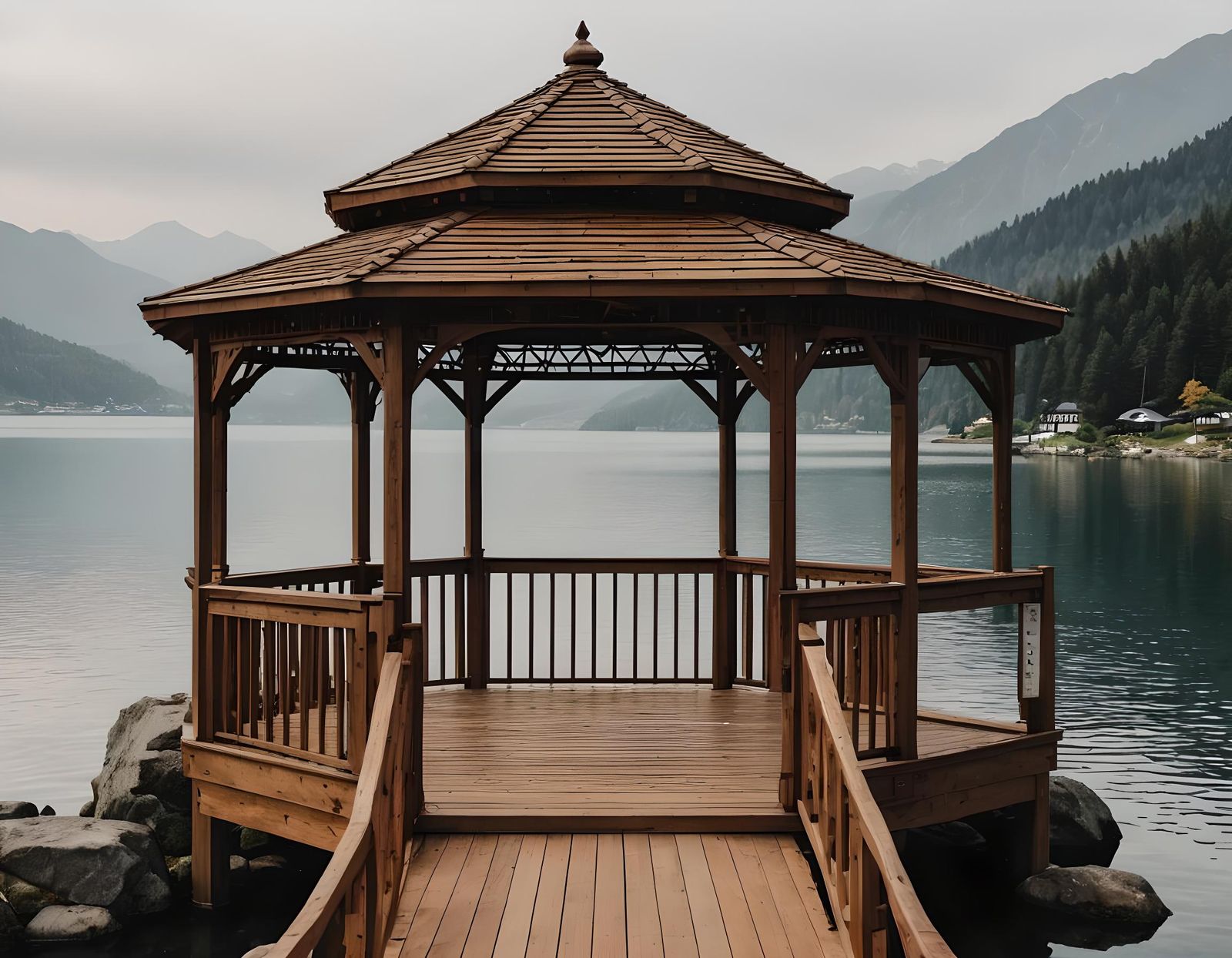 Gazebo Overlooking Mountain Lake