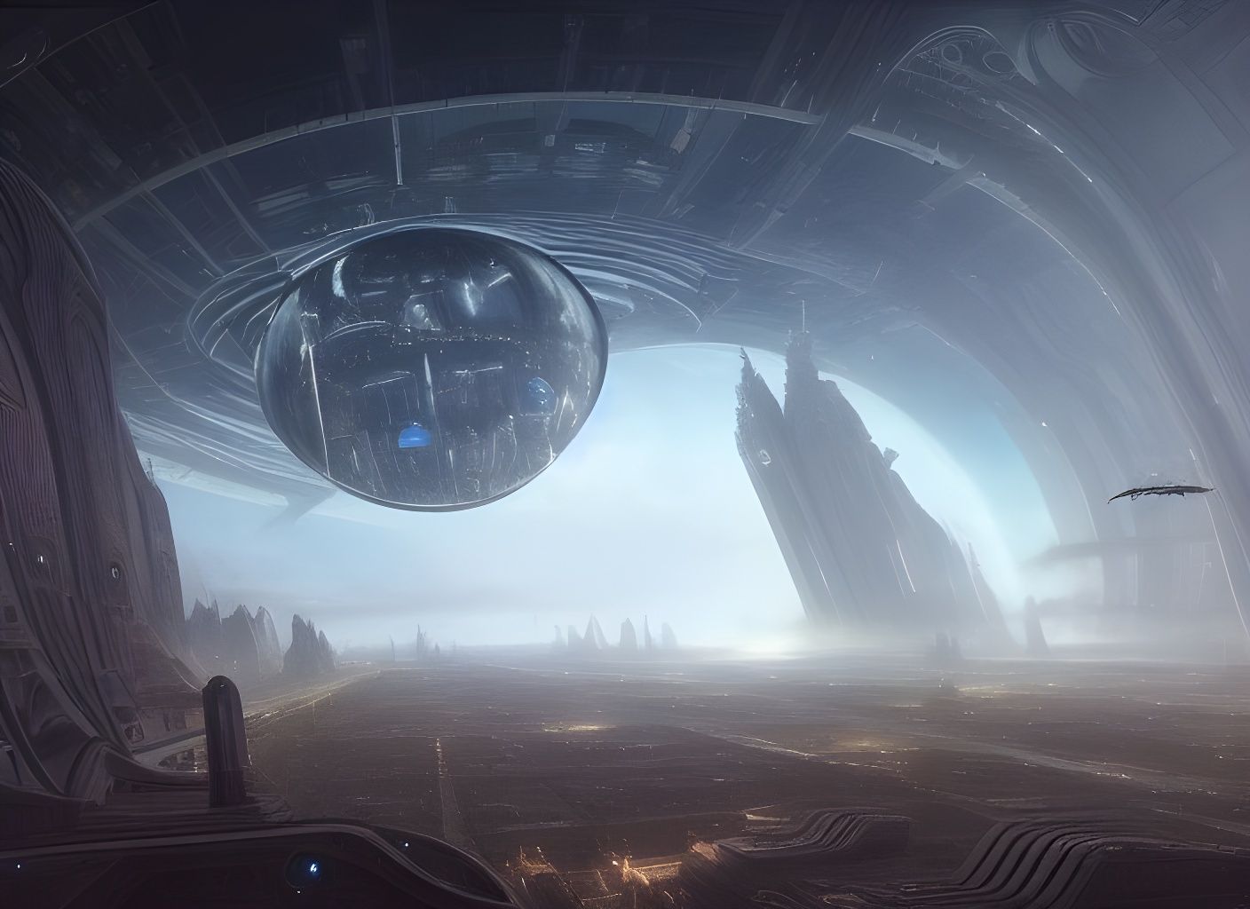 Futuristic Flying City in Glass Dome, Sci-Fi Art