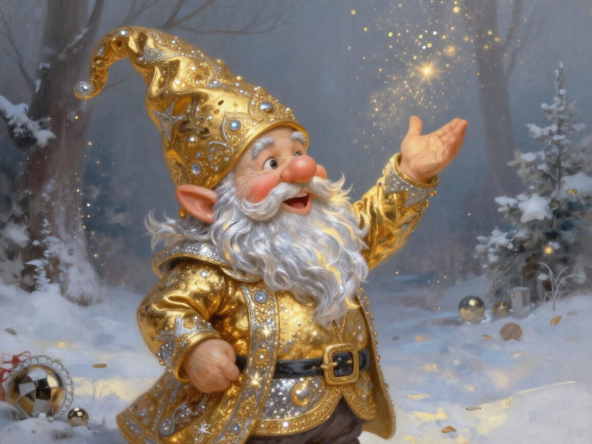 Jovial New Year's Gnome Spreading Blessings in Luminous Styl...