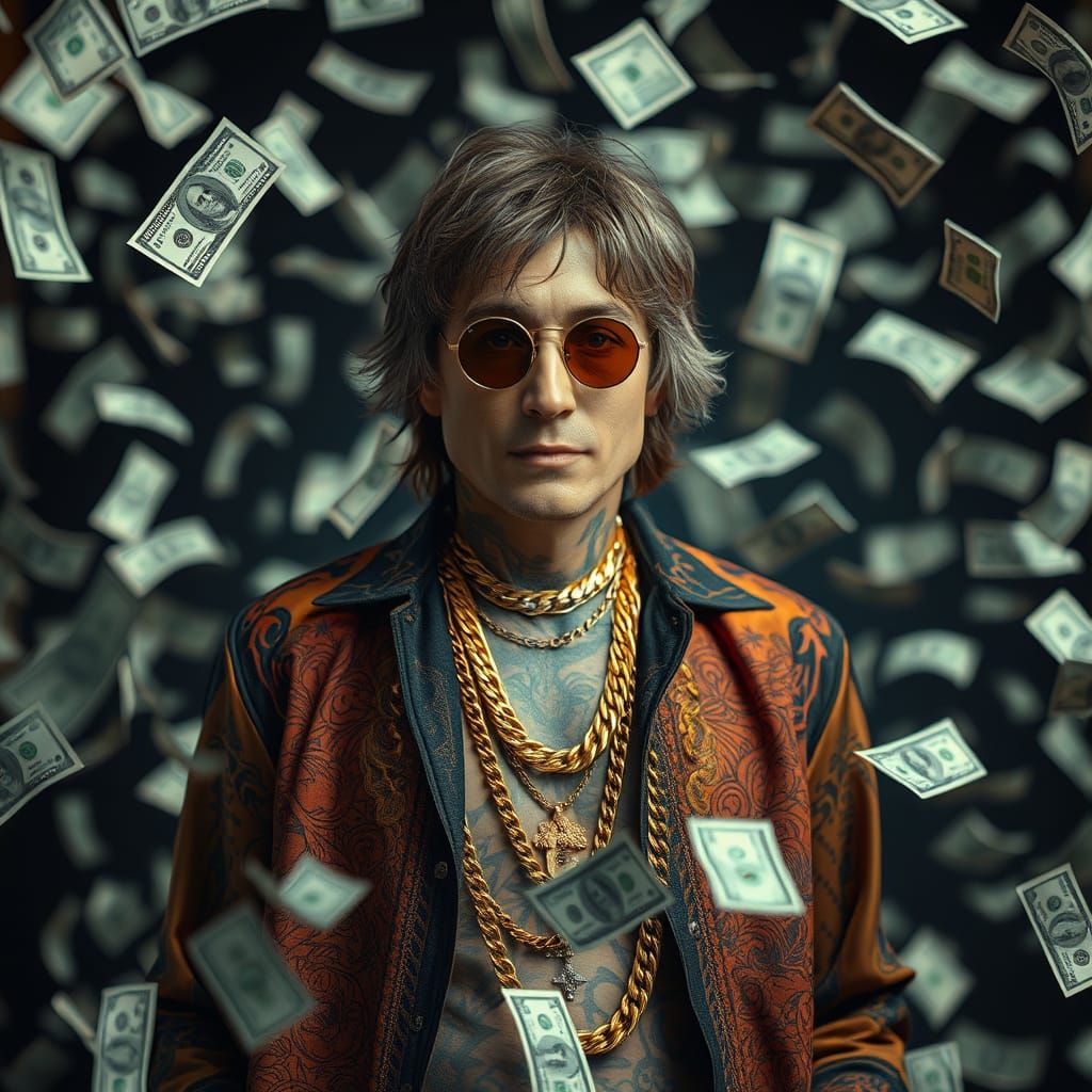 Hyperrealistic John Lennon Rapper with Gold Chains and Money
