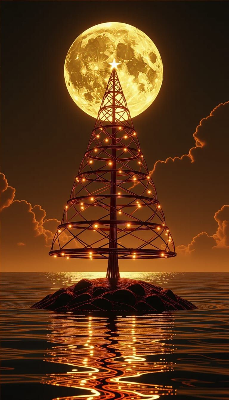 Copper Wire Christmas Tree on Honey Island in Amber Sky