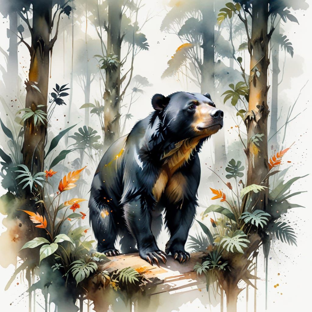 Sun Bear Climbing Tree in Humid Morning Rainforest