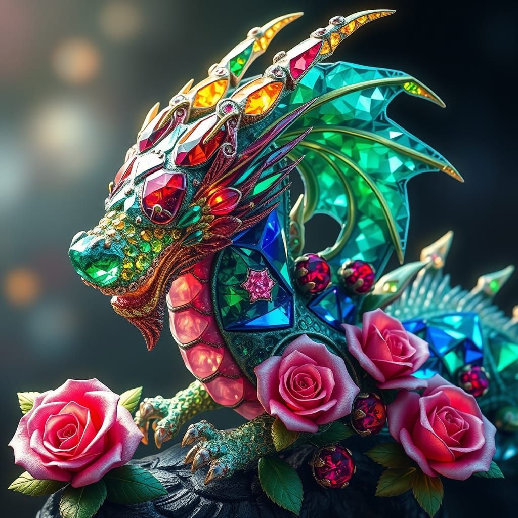 Glowing Gemstone Dragon with Crystallized Roses
