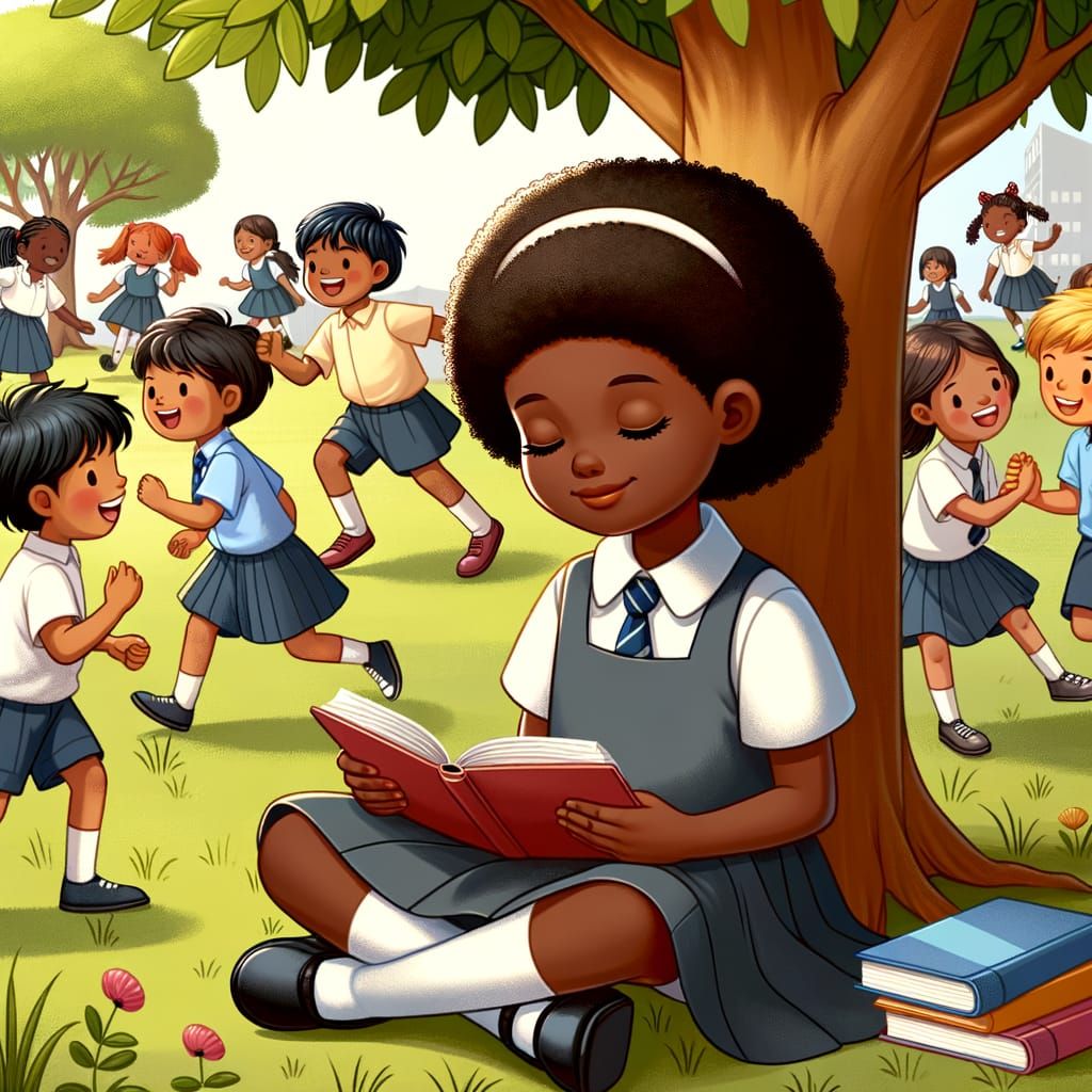 Black Girl Reads Under Tree While Peers Play