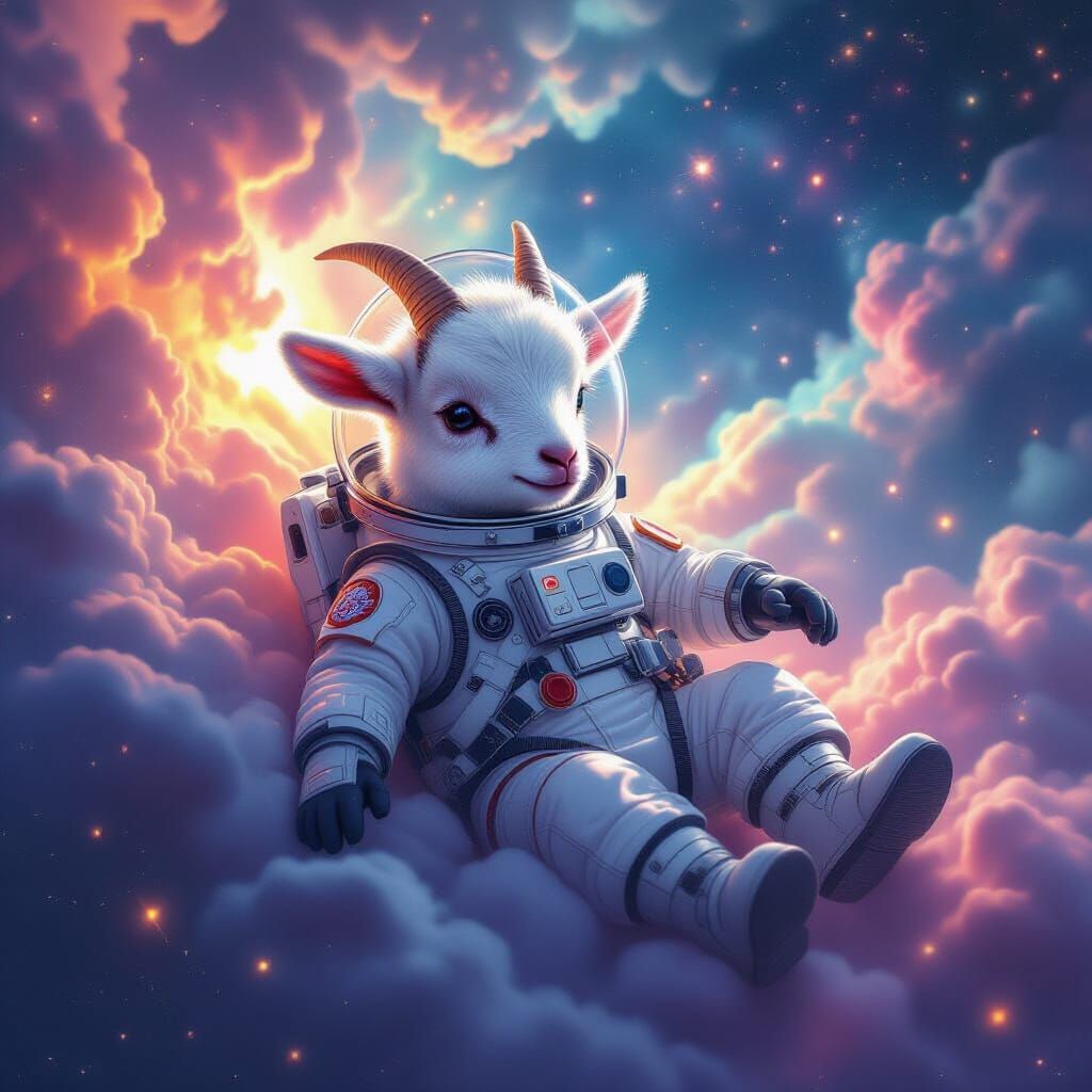 Baby Goat Astronaut in Cosmic Nebula, Digital Art