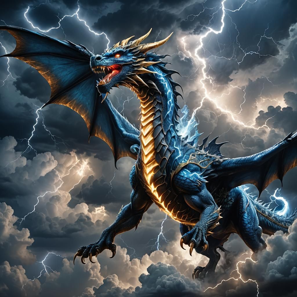 Majestic Lightning Dragon Soaring Through Thunderstorm