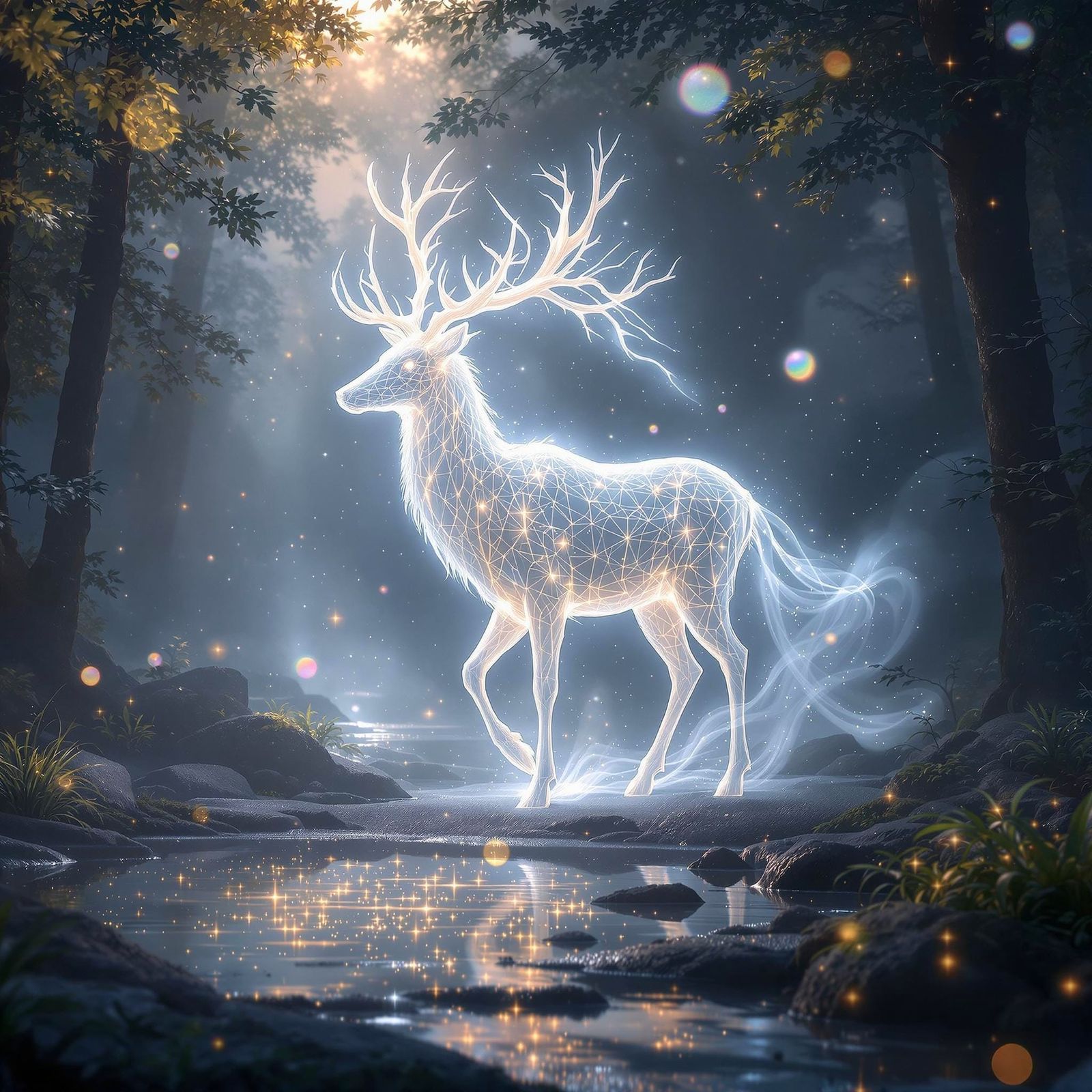 Ethereal Stag Emerges in Radiant Forest Glade