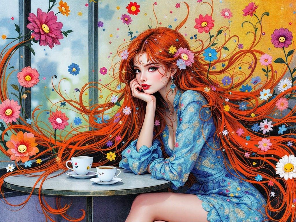 Ethereal Café Scene with Whimsical Floral Motifs