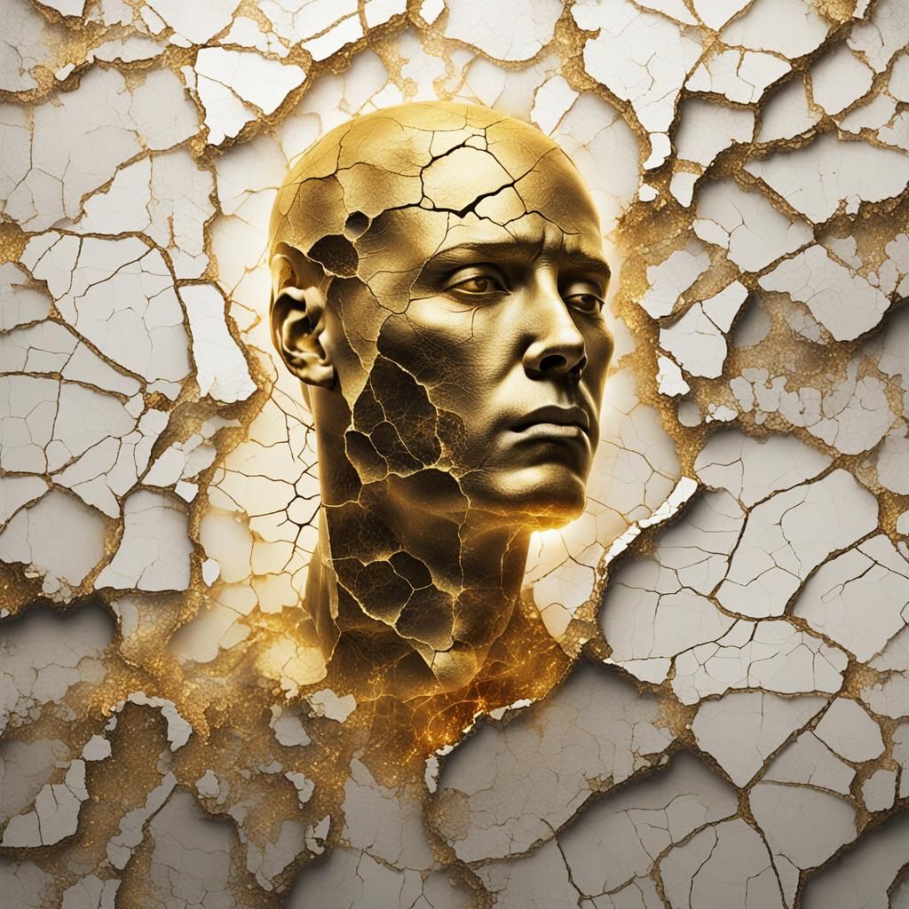Visualize a symbolic representation of the concept of Kintsugi but applied to the human soul. Picture a surreal image of...