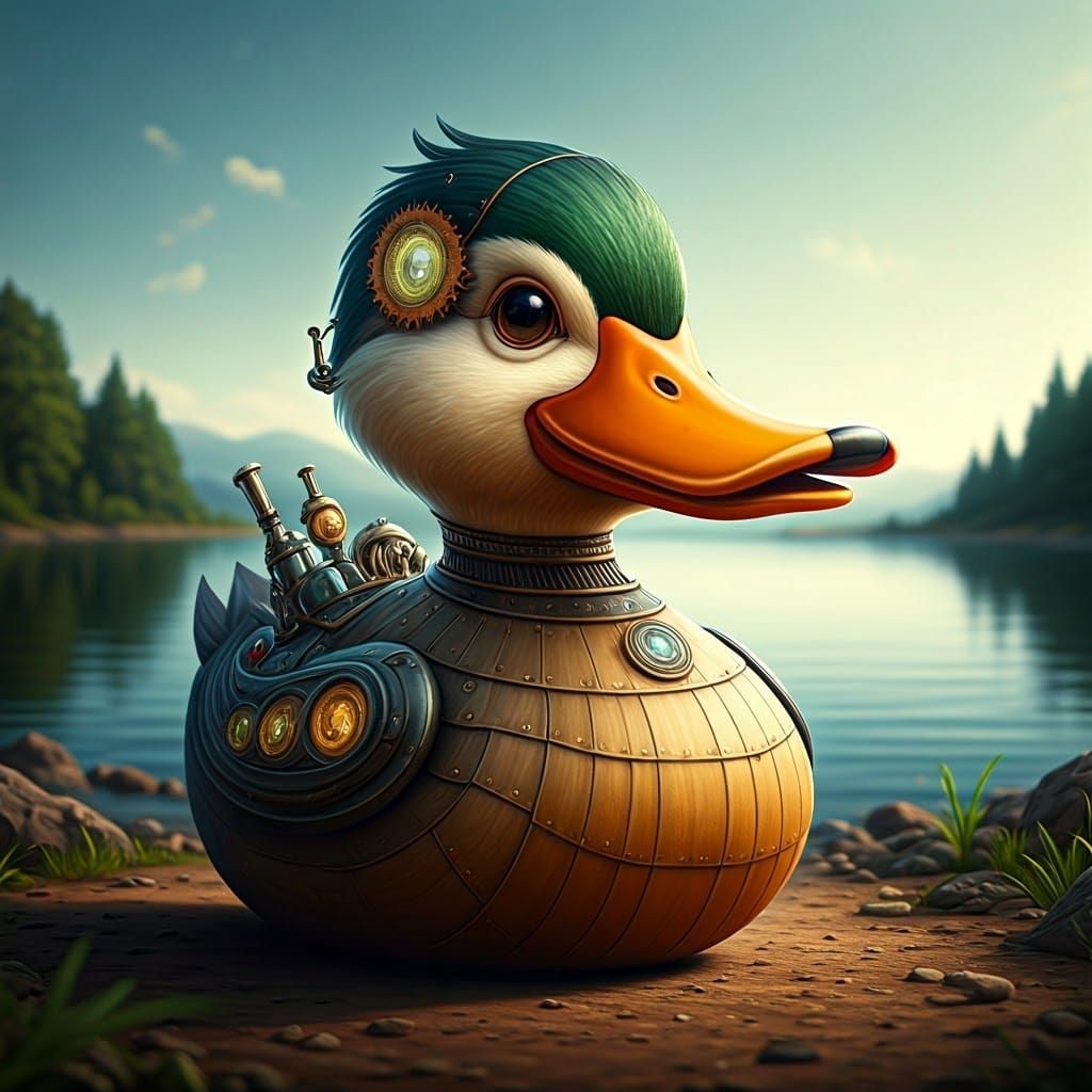 Steampunk Duck in Serene Aquatic Landscape