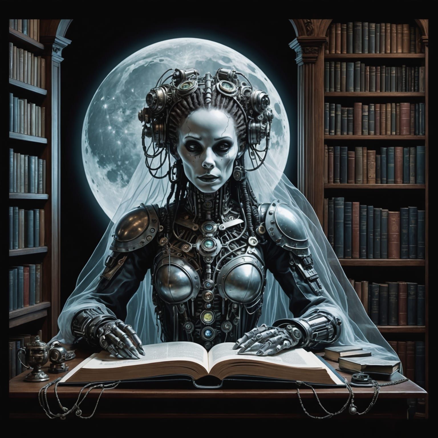 Biopunk Ghost in Full Moon Library, Light Painting