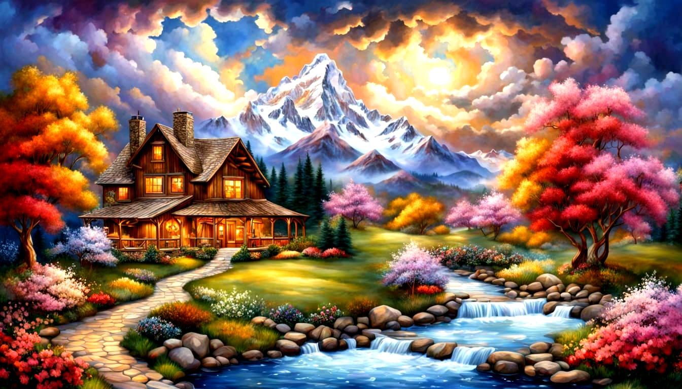 Hyperrealistic Mountain Home Under Cloudy Night Sky