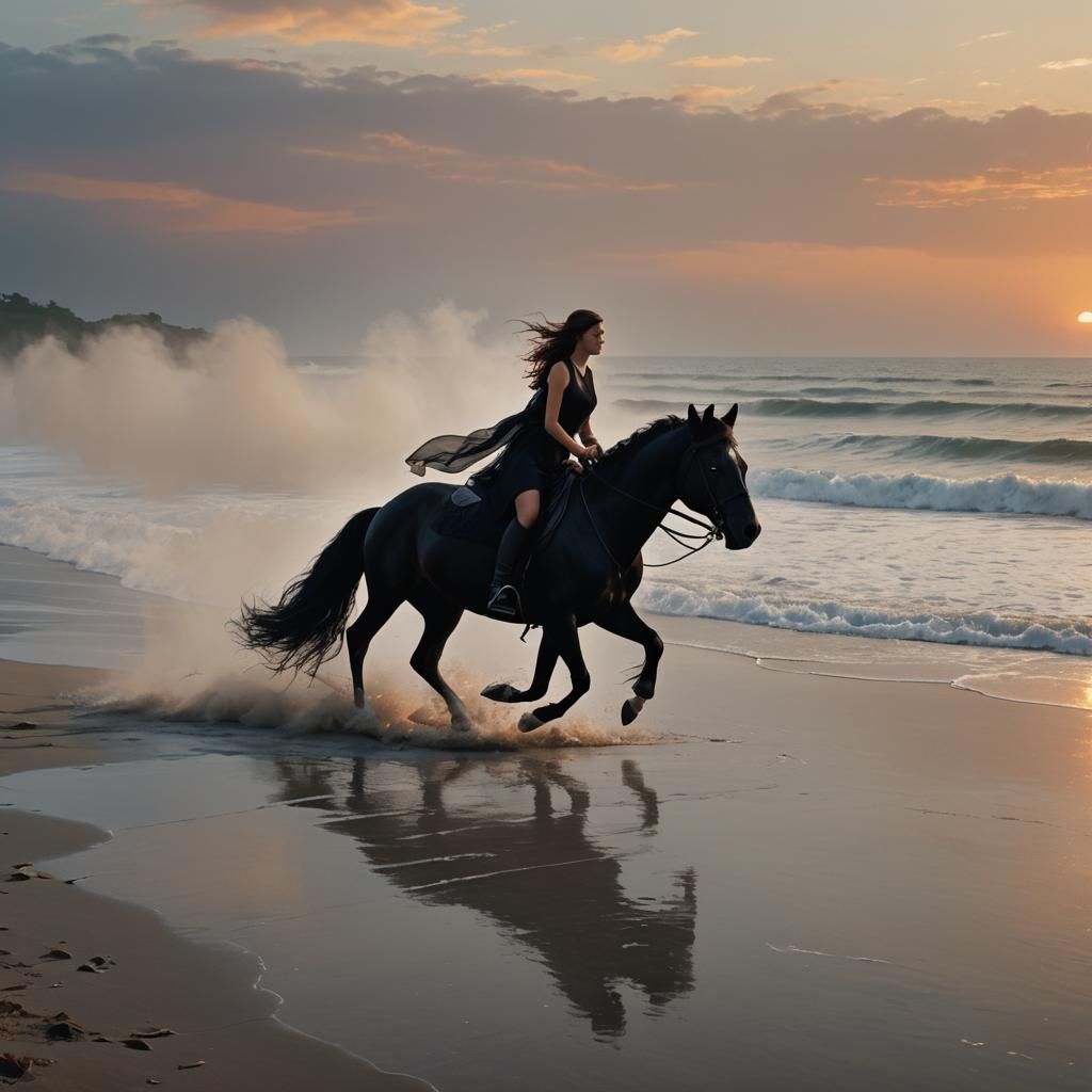 Girl in Black Dress Riding Black Horse on Beach