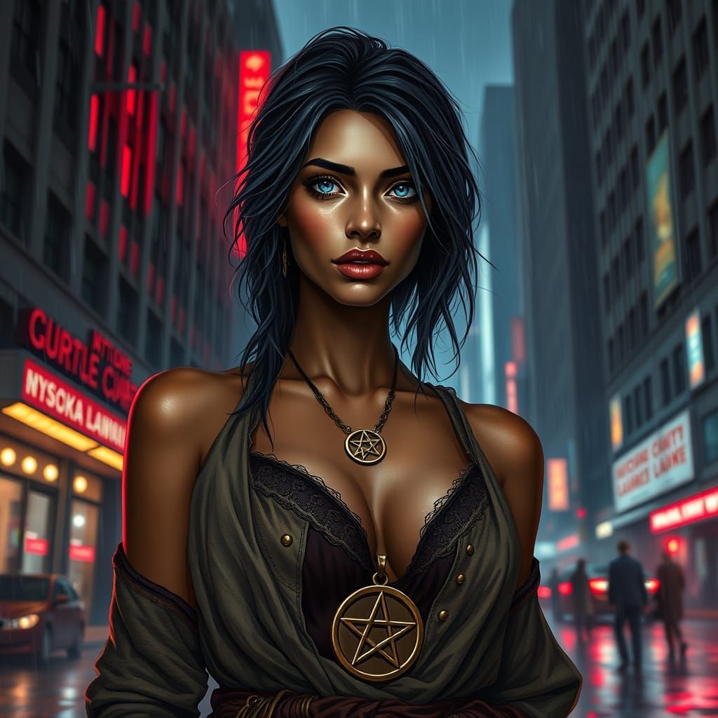 Rain-Soaked Beggar in Cyberpunk Cityscape