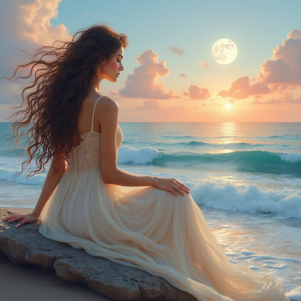 Lady in Dreamy Sunset Landscape