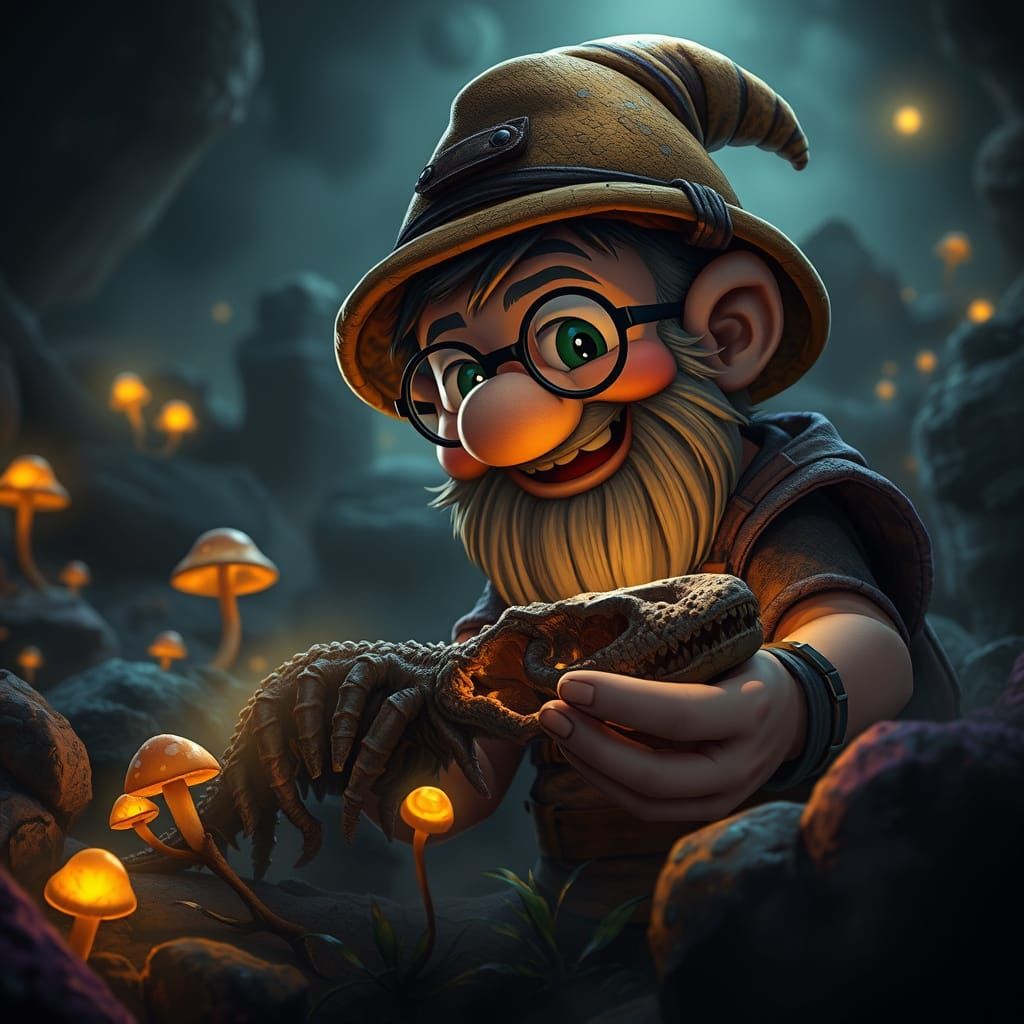 Dark Fantasy Dwarf Paleontologist Excavates Ancient Fossil