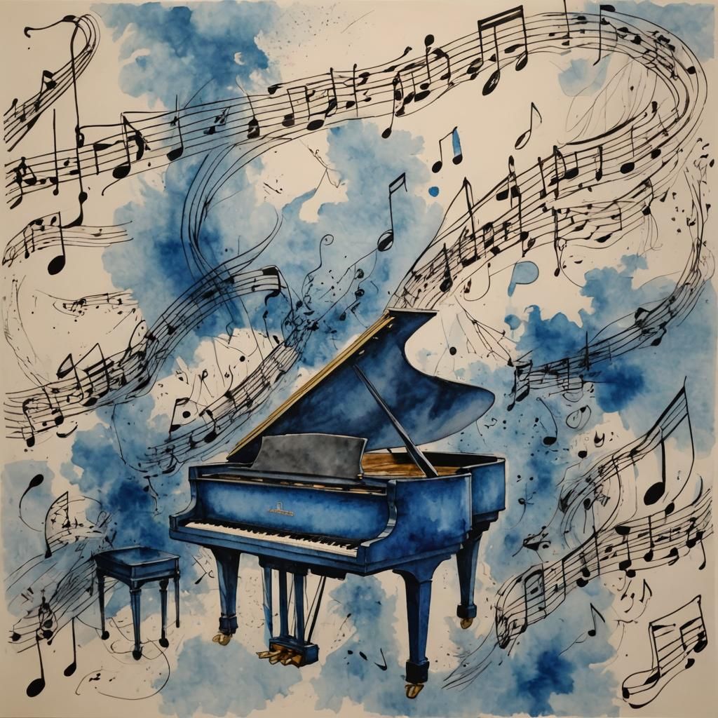 Rhapsody in Blue: Pen and Ink Piano Abstract